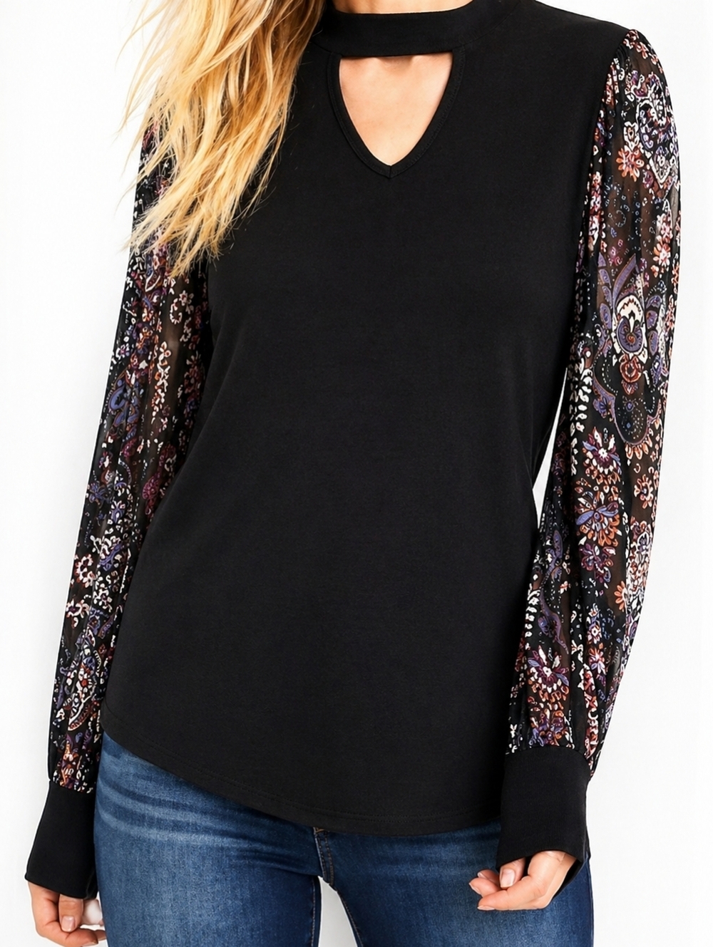 Maurices Black Floral Sleeve Top XL Cutout Neck Boho Blouse